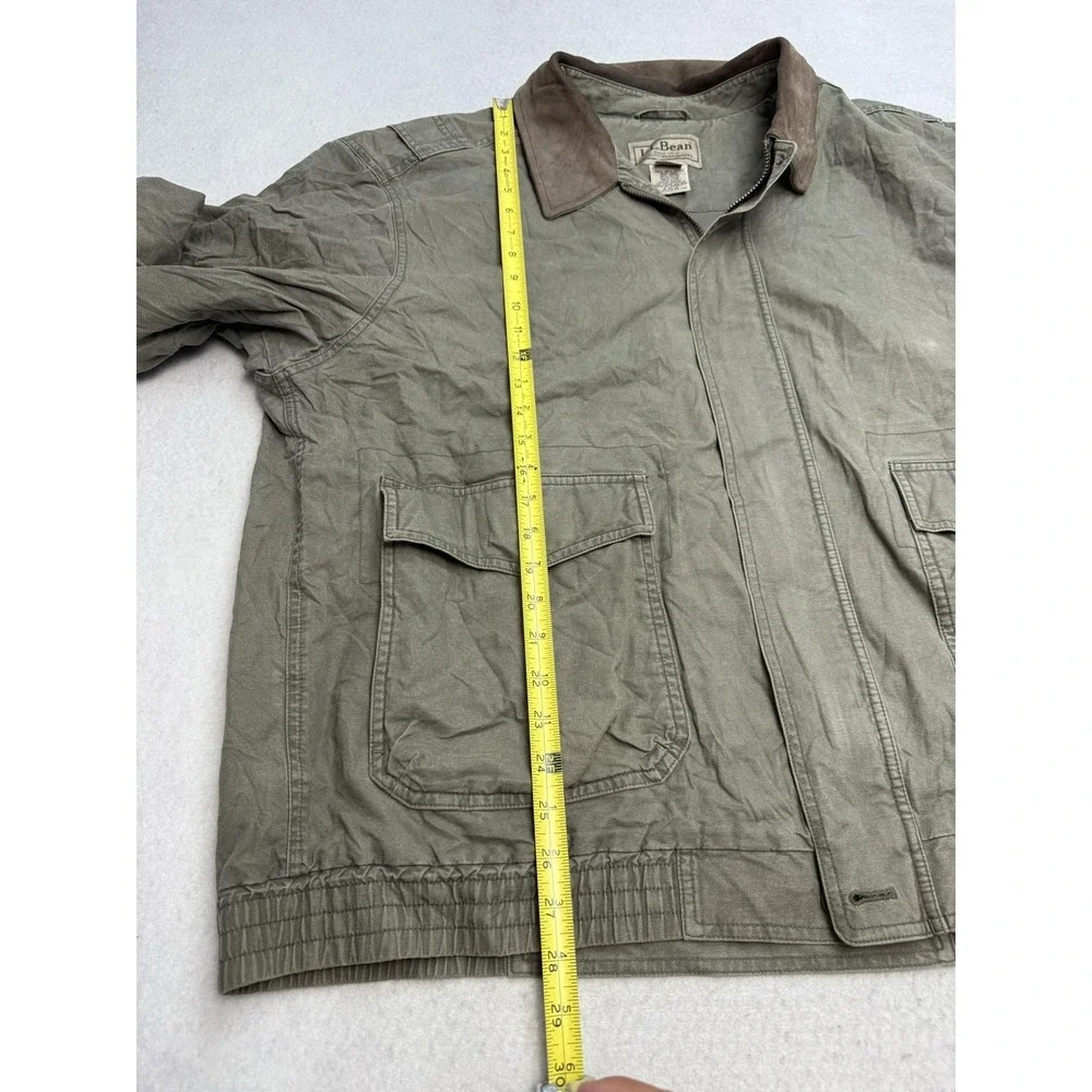 L.L.Bean Jacket Mens 2XL Green Canvas Leather Collar Bomber Workwear Lined